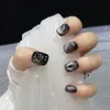 Preto feito à mão imprensa curta em unhas coreano gato olho design reutilizável adesivo unhas falsas cobertura completa dicas de unhas redondas unhas acrílicas 240129