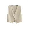 Women's Vests TRAF Women Fashion Front Button Crop Linen Waistcoat Vintage V Neck Sleeveless Female Outerwear Chic Vest Tops