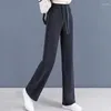 Женские брюки, одежда, весна-осень 2024, тонкие свободные однотонные брюки со шнуровкой, эластичный пояс с карманом, прямые широкие штанины