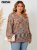 GIBSIE Plus Size Lantern Sleeve V Neck rainbow Sweater Women Autumn Winter Fashion Loose Sweet Ladies Knit Pullover Jumper 240202