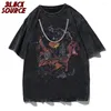 Men's T Shirts Black Source Vintage Washed Shirt For Men Harajuku Streetwear Oversized Hip Hop Top Tees Male Tshirt Ripped Graphic Printed