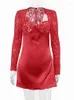 Casual Dresses Julissa Mo Lace See Through Sexy Long Sleeve Red Mini Dress Women Summer Elegant Bandage Slim Outfit Ladies Party Club