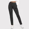 Kvinnors byxor 2024 Spring Women Black Plaid Printing Casual Skinny Female Fitness Legging Pocket Leisure Time Pencil Pant Lady Trousers