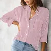 Bloups feminina Roupas Spring Summer Summer Polo Collar Slave Long Moda Moda Button Casual Top Blue Business Style Tops versáteis