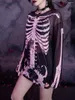 Kvinnors T-skjortor Halloween Gothic Skull Print Mesh Top Long Sleeve Round Neck Overdimase T-shirt