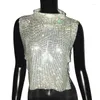 Dames Tanktops Y2K Chic Hoge Kraag Strass Tanktops Voor Dames Feest Rave Sexy Metallic Mesh Doorzichtig Vest Funky Crop Top met zijsplit