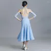 Toneelkleding Kinderen Off-Shoulder Ballroom Danswedstrijd Jurk Kanten Romper Lange Rok Meisjes Blauw Walsvoorstelling Danskostuum VDB6166