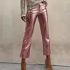 Pantaloni da donna Tasca frontale in ecopelle Vestibilità slim elegante con chiusura a cerniera a vita media Traspirante per il club