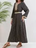 Roupas étnicas Vestido Muçulmano Abaya Dubai Árabe Robe Mangas Compridas Com Decote Em V Impressão Turquia Escritório Senhora Moda Elegante