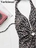 Kvinnors badkläder sexig leopard tryckt Deep V Neck Women One Piece Swimsuit Female Halter Monokini Bather Bathing Swim Lady V4438