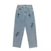 Jeans bordados com remendo cruzado de rua alta para homens primavera e outono calças largas soltas de perna reta hip hop Instagram