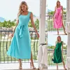 Vestidos casuais moda feminina fresco pescoço quadrado cor sólida cintura gravata vestidos para mujer elegantes y bonitos verão para wome