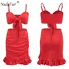 Robes décontractées Nadafair deux pièces ensemble femmes volants arc plage robe d'été rouge épaule sexy club moulante portefeuille mini fête