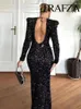 Casual Dresses TRAFZA Woman Elegant Chic Sequins Sexy Backless Long Sleeves Women Rear Dress Formal Prom Wedding Party Gowns