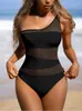 Damenbadebekleidung In-X Sexy One-Shoulder-Stück Badeanzug Mesh Patchwork Frauen 2024 Ausschnitt Badeanzug Schwarz Bodysuit Strandkleidung