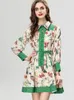 Women's Runway Dresses Turn Down Collar Long Sleeves Printed Lace Up High Streeet Fashion Designer European Vestidos