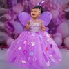 Purple Flower Girl Sukienki Sheer Szyja Perły Współziatkowe suknie balowe kwiatowe sukienka księżniczka Królowa koronkowa sukienka urodzinowa suknie dla małych dzieci NF057