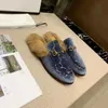 Designerskor päls mulor tofflor 100% size35-46 Real Leather Horsebit Loafers tofflor lyxiga kvinnor män jacquard läder toffel canvas princetown skor 1.25 20
