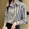 Blusas femininas oversized manga longa blusa de chiffon para mulheres camisas casuais de escritório coreano preto e branco camisa listrada y2k camisas y