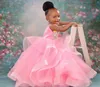 Pink Flower Girl Dresses Sheer Neck Tiered Tulle Ball Gowns Flowergirl Dress Princess Queen Hand Made Flowers Beaded Birthday Party Dress Gowns for Little Kids NF069