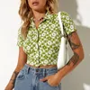 Women's Blouses Floral Cherry Stripes Print Short Sleeve Lapel Shirts Women Button Down Crop Tops Sexy