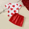 Kläduppsättningar Valentins dag Småbarn Baby Girls Two Piece Outfits Heart Print Kort ärmstoppar och dragkolon Set Summer Clothes