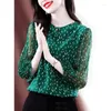 Kvinnors blusar Elegant O-Neck tryckt All-Match Folds Chiffon Blue Clothing 2024 Summer Casual Pullovers Loose Office Lady Shirt