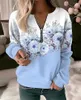 Women's Hoodies Crew Neck Zipper Half-open Sweatshirt Elegant Botanical Flower Print Hoodie Female Autumn Long Sleeve Pullover Outerwear