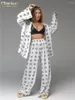 Women's Two Piece Pants Clacive Casual Print Home Suits Elegant High Waist Wide Set Fashion Long Sleeve Lace-Up Robes 2 Sets Women Outfit