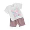 衣類セットマンディジーベビーガールズ服夏の半袖面白いレターTシャツカジュアルソリッドカラーショーツセット幼児服