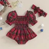 Rompertjes CitgeeSummer Kerst Baby Baby Meisjes Romper Jurk Plaid Print Korte Bladerdeeg Mouw Jumpsuit Boog Hoofdband Kerst Kleding