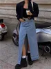 فساتين غير رسمية أزياء تقسيم تنورة الدنيم للنساء جينز الشارع ماكسي جان تنانير بوتوم إلكترونية y2k ربيع طويل