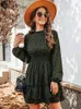 Casual Dresses Dark Green Leopard Tiered Flounce Mini Dress For Women Sexy Mock Neck Long Sleeve Party 2024 Spring Autumn Female