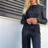 Women's Two Piece Pants 2024 Autumn Tassel Sequin Women 2 Set Fashion Silver Bright Silk O-neck Crop Tops Wide Leg Street Female Sets