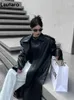 Kvinnor läder lautaro vårens höst långa sval överdimensionerade bruna svarta pu trenchrock för kvinnor europeiska och amerikanska banor mode 2024