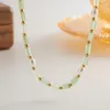 Choker ALLME Retro Green Natural Stone Cubes Glass Pearl Beaded Necklace For Women Gold Plated Titanium Steel