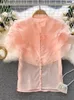 Blouses Femmes Été Blanc Romantique Simple Boutonnage Femmes Mignon Rose Tops Doux Élégant Chemise À Manches À Volants Vintage Tendance Polyvalente