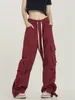 Pantalones para mujer Qweek Harajuku Vintage Red Cargo Mujeres Oversize Hip Hop Streetwear Bolsillos Pantalones negros Retro Pierna ancha Táctica Inferior