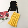 10008 XXL 2024 Style Women's Two Piece Spring Long Sleeve Short Skirt Black Yellow Empire Crew Neck SH