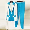 Pantalon de deux pièces pour femmes 2024 2 blazer ensemble pour femmes star mode cyan blanc patchwork un bouton veste crayon pantalon formel femme pantalon