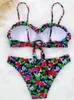 Traje de baño para mujer, traje de baño 2024, conjunto de Bikini con volantes, trajes de baño con aumento Floral, ropa de playa de verano, Bikinis de Tanga sexis de cintura baja