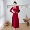Casual Dresses Winter Autumn Women Knitted Midi Long A Line Polo Collar Chic Button Slim Bodycon Sweater Vestidos Solid Party Robe Q312