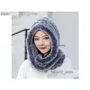 Beanie/Skull Caps Beanie/Skl Caps New Women Real Knitted Rex Rabbit Fur Hat Hooded Scarf Long Winter Warm With Neck Collar Scarves Dro Dhlgr