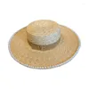 Chapéus de aba larga elegante e elegante chapéu de palha natural para mulheres bandagem fita amarre pérola proteção solar taps de praia de verão