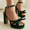 Sandales en velours velours élégant dames robe pompes été vert bordeaux bout ouvert cheville enveloppe fête épais talons hauts plate-forme femmes