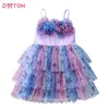 Mädchen Kleider DXTON Mädchen Blumen Kinder Ausgesetzt Sommer Kleid Kleinkinder Infantil Vestidos Layered Tüll Mesh Prinzessin Kuchen