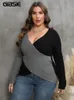 GIBSIE Plus Size Colour Blocking Deep V-Neck Sexy Sweater Women Autumn Winter Long Sleeve Office Ladies Knitted Jumper 240202