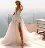 Sexy V-cou Dentelle Applique Une Ligne Robe De Mariée Dos Nu Fente Latérale Sur Mesure Formelle Mariée Cultivé Boho Robe De Novia Robe De Mariage