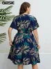 Sukienki w dużych rozmiarach Gibsie Tropical Print V Szyjka szyjka Sukienka Kobieta Wakacje Boho Beach Casual Elastic Summer MIDI 2024