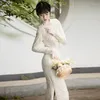 Etnisk kläder kinesisk klänning Hanfu traditionell retro vestido chino elegant cheongsam sjal qipao tvådelar vita svarta kvinnor hösten lång